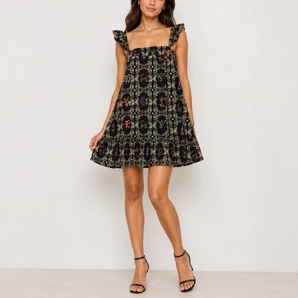 Agua Bendita x Target Mini Dress L Navy Floral Ruffle Strap